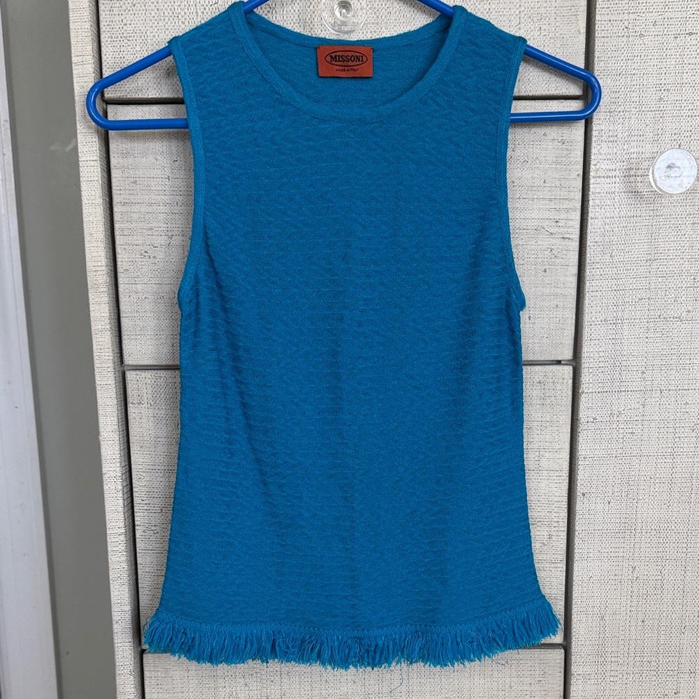 Missoni Teal Blue Knit Sleeveless Top with Fringe Hem